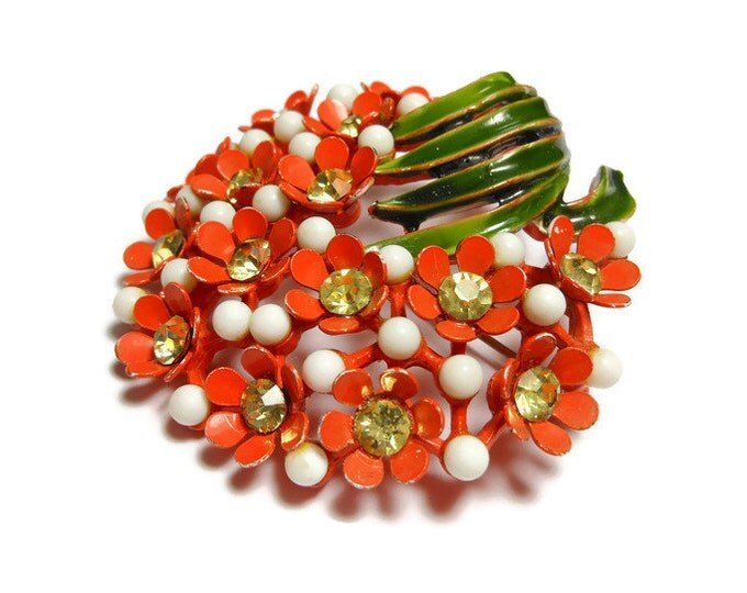FREE SHIPPING Orange bouquet brooch, vibrant floral pin, orange flowers, yellow rhinestones with white beads and topped with green leaves