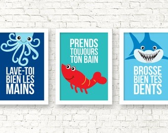 Règles de la salle de bain art, prends ton bain, lave tes mains, brosse tes dents, déco salle de bain, imprimés muraux, animaux marins