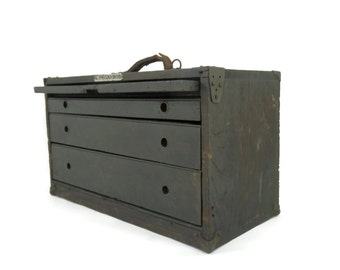 Industrial Oak Machinists Tool Box by H.W Henningsen Antique Wooden Tool Chest for Storage/Organization