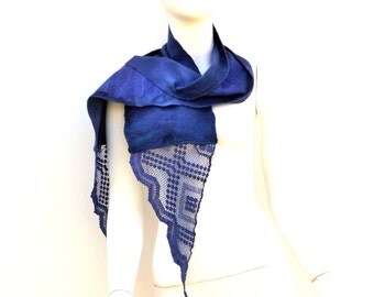 Blue Felted Scarf Recyled Lace