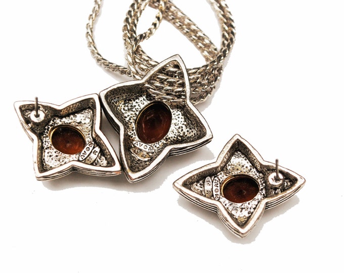 Avon Star Necklace earring set - amber brown glass - Star - silver and gold tone metal - pierced earrings