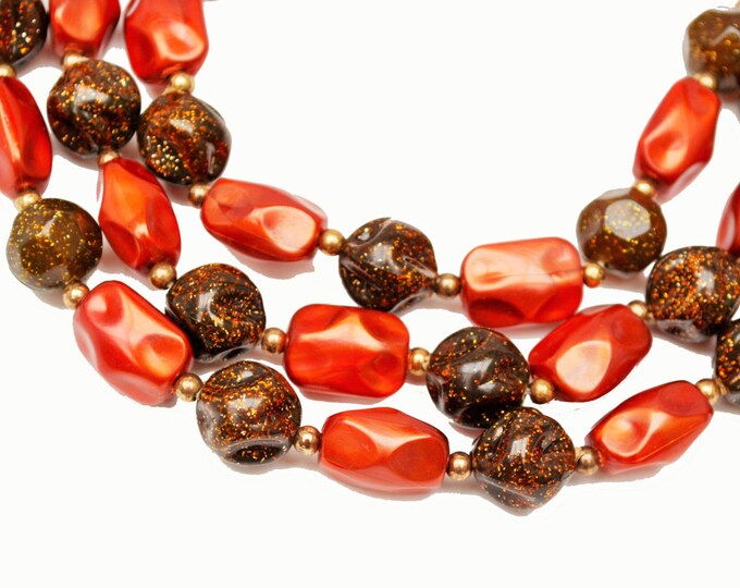Bead necklace - Multi strand - Cranberry Red Orange - glitter brown lucite beads