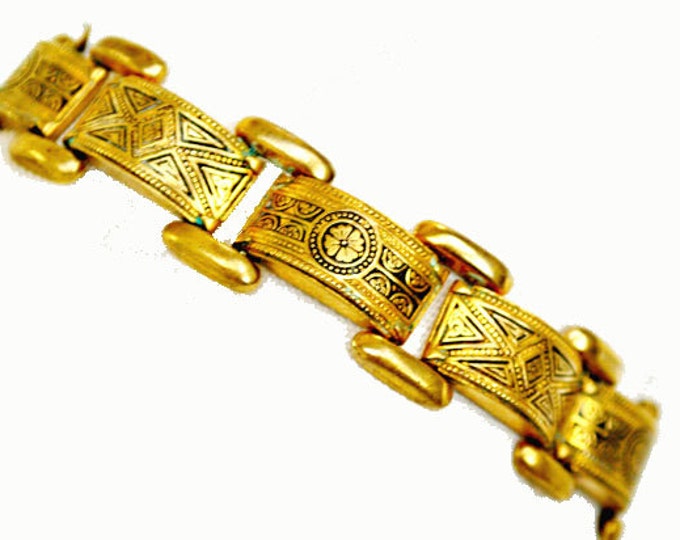 Damascene Link Bracelet - Gold brass and Black enameling - floral design bangle