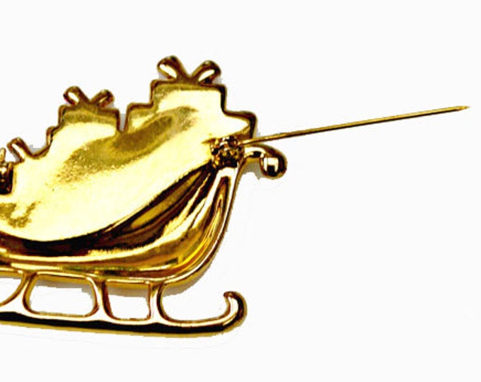 Christmas Sleigh Brooch with presents gold purple and green enamel