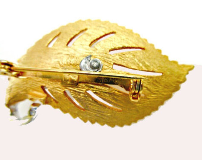 Gold Rhinestone Leaf Brooch mid century pin