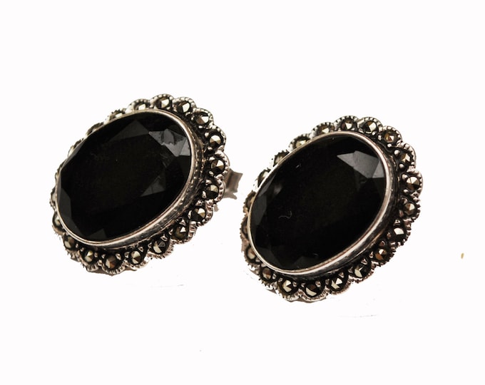 Black Onyx marcasite earrings in scallop sterling silver setting pierced