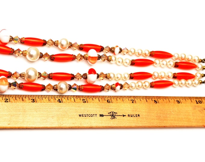 orange white bead necklace earring set Lucite crystal pearls