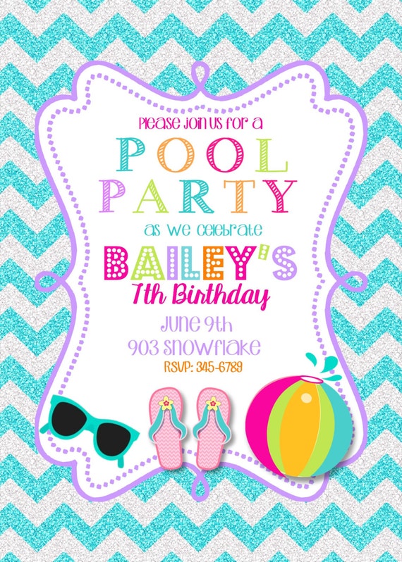 12 Pool Party Birthday Party glitter invitations invites