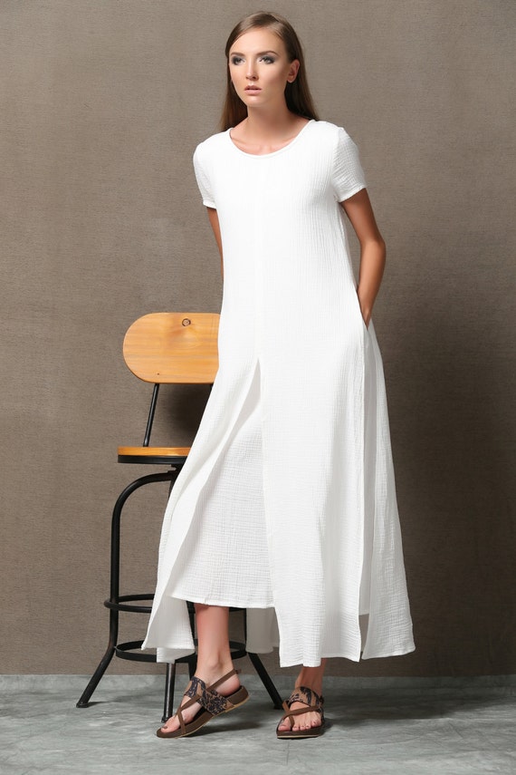 White Layered cotton Linen Dress Loose-Fitting Short Sleeved