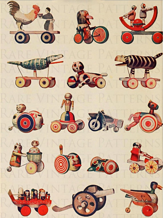 17 Vintage Wooden Toys Illustration Scrapbooking Decoupage Altered Art 300dpi 8.5x11 Jpg Instant Download