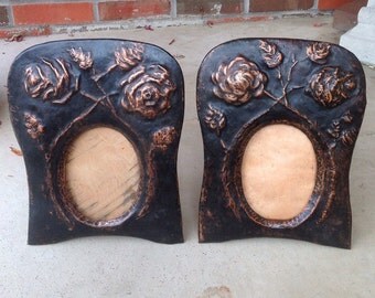 Pair Of Old Antique Hammered Copper Roses Arts And Crafts Art Nouveau Picture Frames L815C50