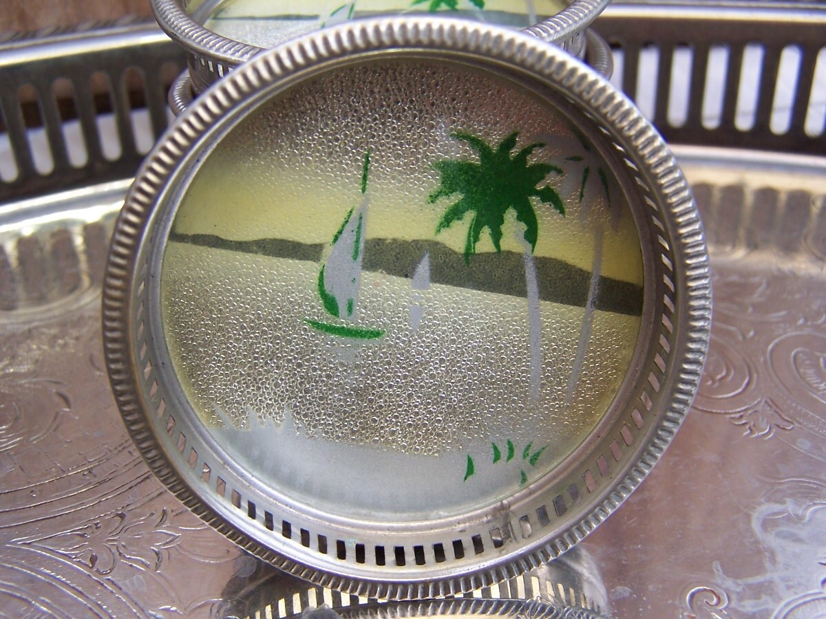 5 vintage coasters, metal and glass gallery coasters, with tropical island scene. japanese