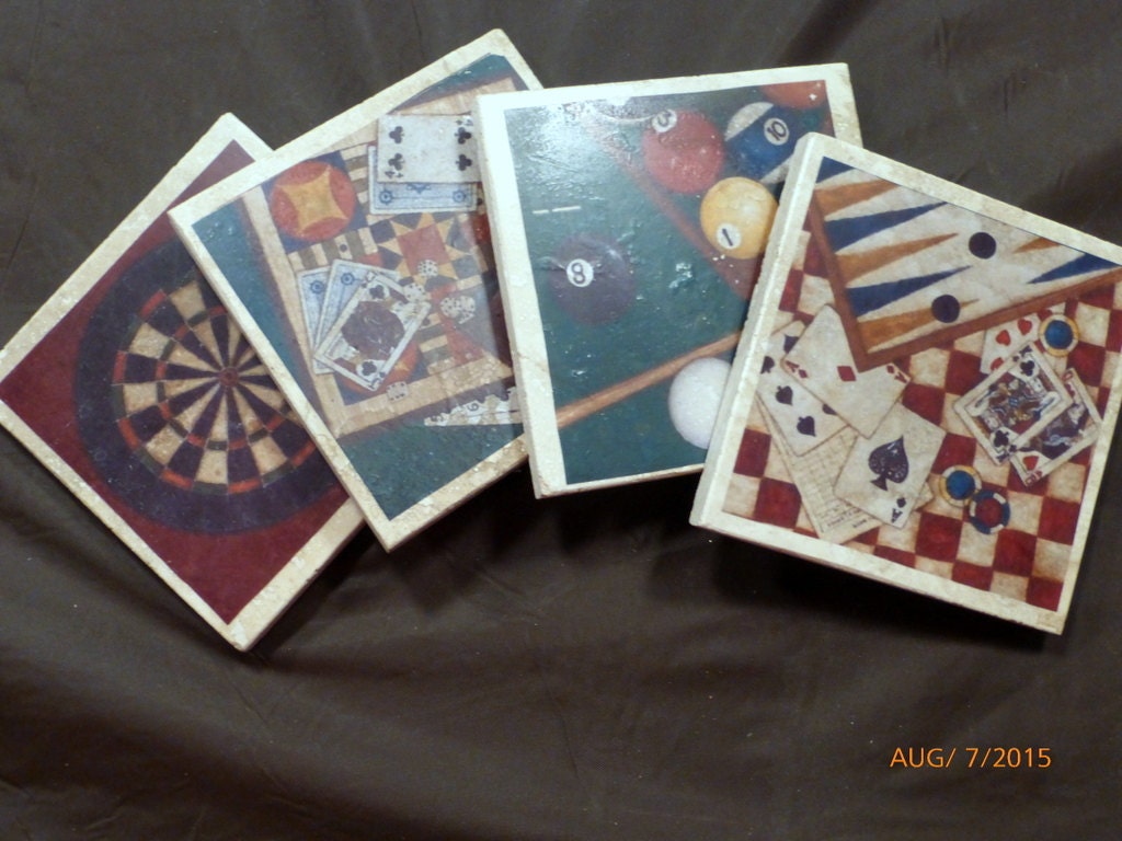 Stone Coasters Vintage Bar Games set of by JulieButlerCreations