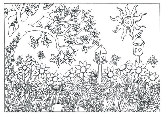 Items similar to Garden & Nature Scene Coloring Page  