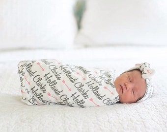 Personalized Swaddle and Top Knot Headband in Organic Cotton for Babies and Kids - You Choose Name Font Colors Symbol