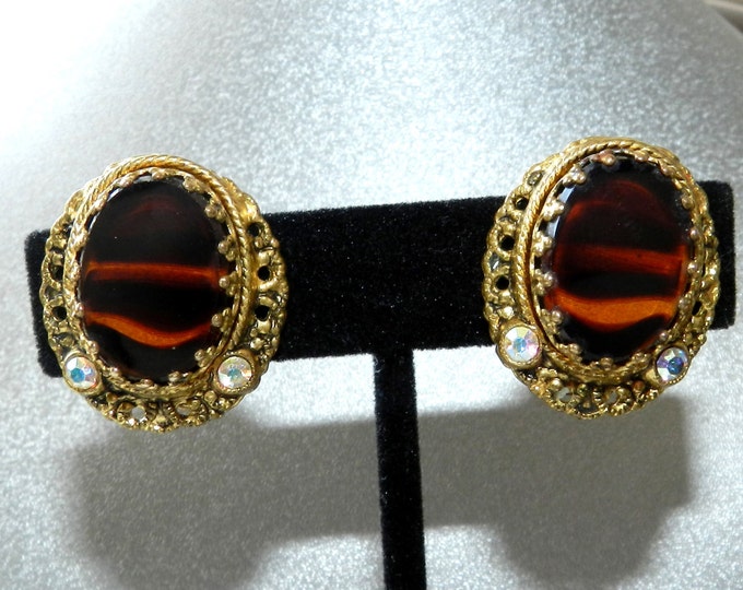 Vintage Western Germany Earrings, Filigree clip on earrings, Tiger's eye glass, Aurora Borealis, Autumn Color Jewelry
