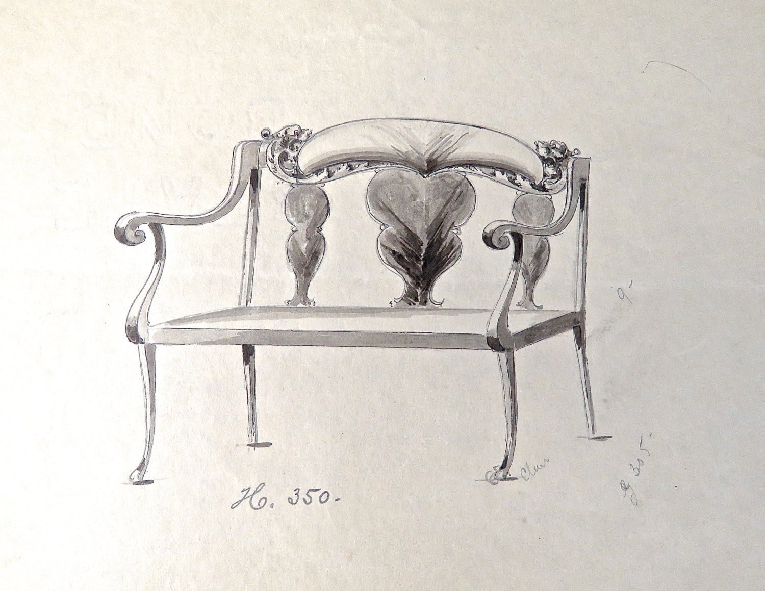 Antique Watercolor Painting of a Settee Antique Architectural Drawing