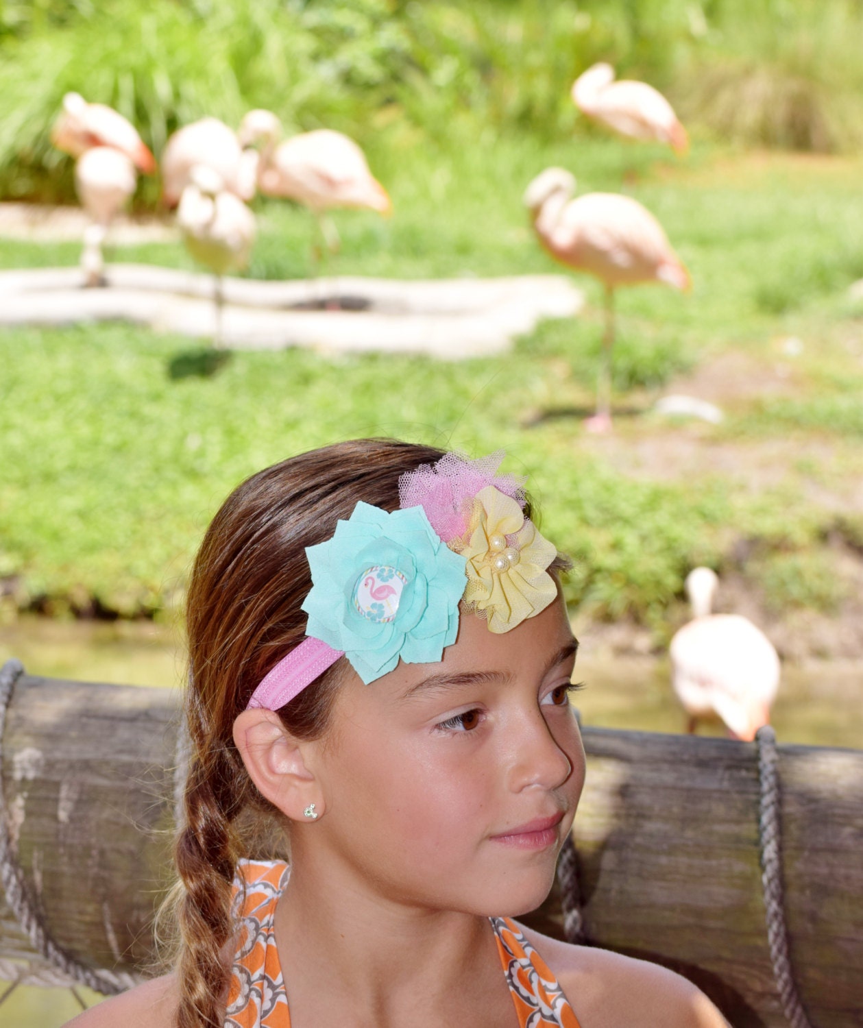 Pink Flamingo Headband Pastel Headband Aqua by KennasKlippiesBows