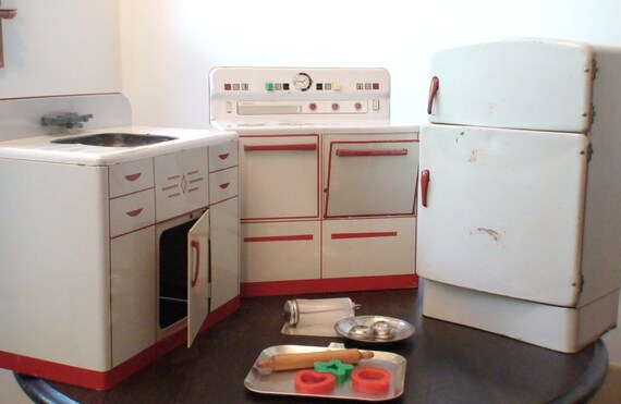 Red and White Tin Play Kitchen Vintage Wolverine 1950's