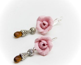 Earrings pink roze flowers Flower earrings, Roses pink earrings Pink flowers polymer clay Wedding earrings Gift for ner Gift for woman