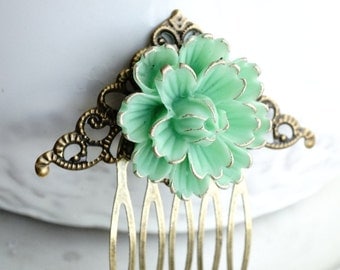 50% off SALE Mint Green Resin Flower filigree hair comb. 2