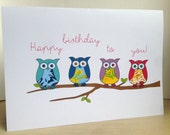 Birthday Card with Four Owls on a Branch | Cute Owl Birthday Card | Owl Greetings Card