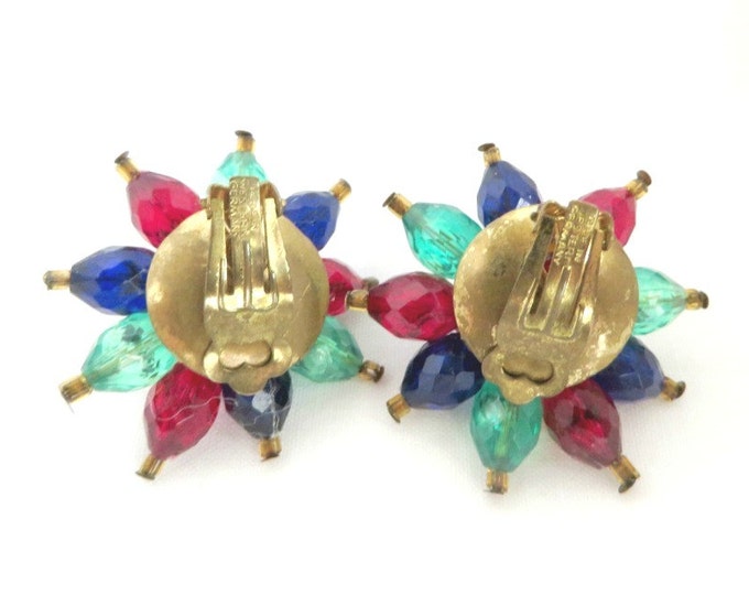 Vintage Tri-Color Lucite Earrings, West Germany Red Blue Green Flower Clip-on Earrings