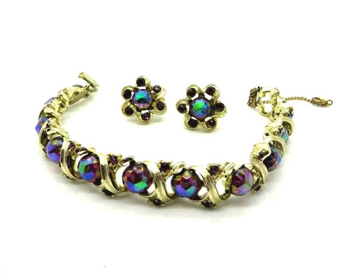 Vintage Watermelon Rhinestone Bracelet , Screw Back Earrings Set, Signed Longcraft Demi Parure