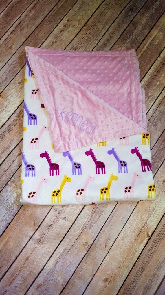 Personalized Baby Giraffe Minky Blanket Pink by BitsNPiecesBySK
