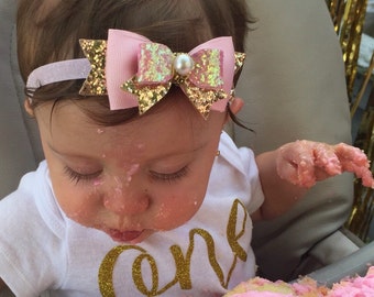 Baby/Girls Pink Gold Glitter Bow Headband/Hair Clip, pink gold birthday bow, Sparkle Bow, Pink Hair Bows, Wedding headband, pink gold bow