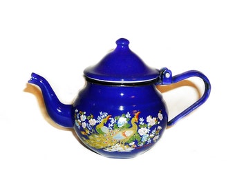 Vintage blue enamel teapot, Rustic home decor, Retro kitchen decoration, Collectible teapot, Old mini kettle Vintage collectibles