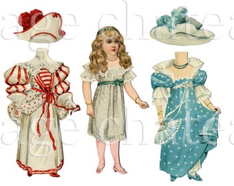 VICTORIAN PAPER DOLL Tuck 4 outfits Fashion 300 jpg artwork to print Digital Download craft Image Chateau