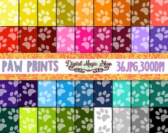 Paw Print Digital Paper, Multicolor, Seamless Patterns- 36pcs 300dpi, (paper crafts, card making, scrapbooking) Commercial use