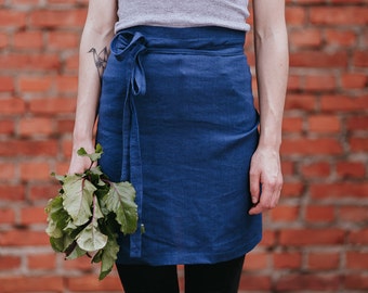 Navy Blue Apron Stone Washed Baltic Linen Cafe Apron With Pockets