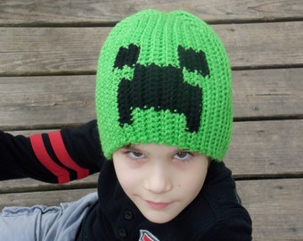Green and Black Pixeled Creature Creeper Minecraft Hat Beanie Stocking Cap Costume