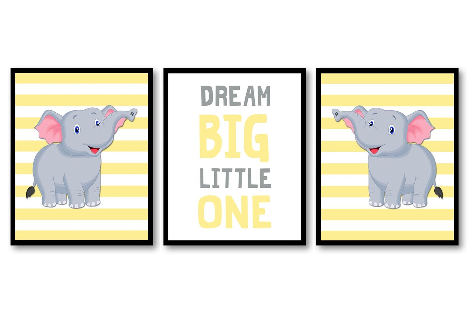 Yellow Grey Elephant Nursery Art Nursery Print Dream Big Little One Set of 3 Elephants Child Kid Roo