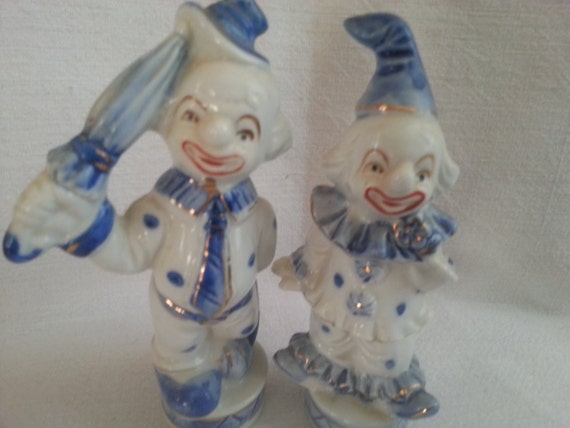 Pair of Handpainted Porcelain Clowns Vintage Collectible Clown