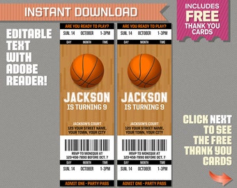 Basketball Ticket Invitation with FREE Thank you Card! - Basketball Birthday, Basketball Party Invitation - Edit and print with Adobe Reader