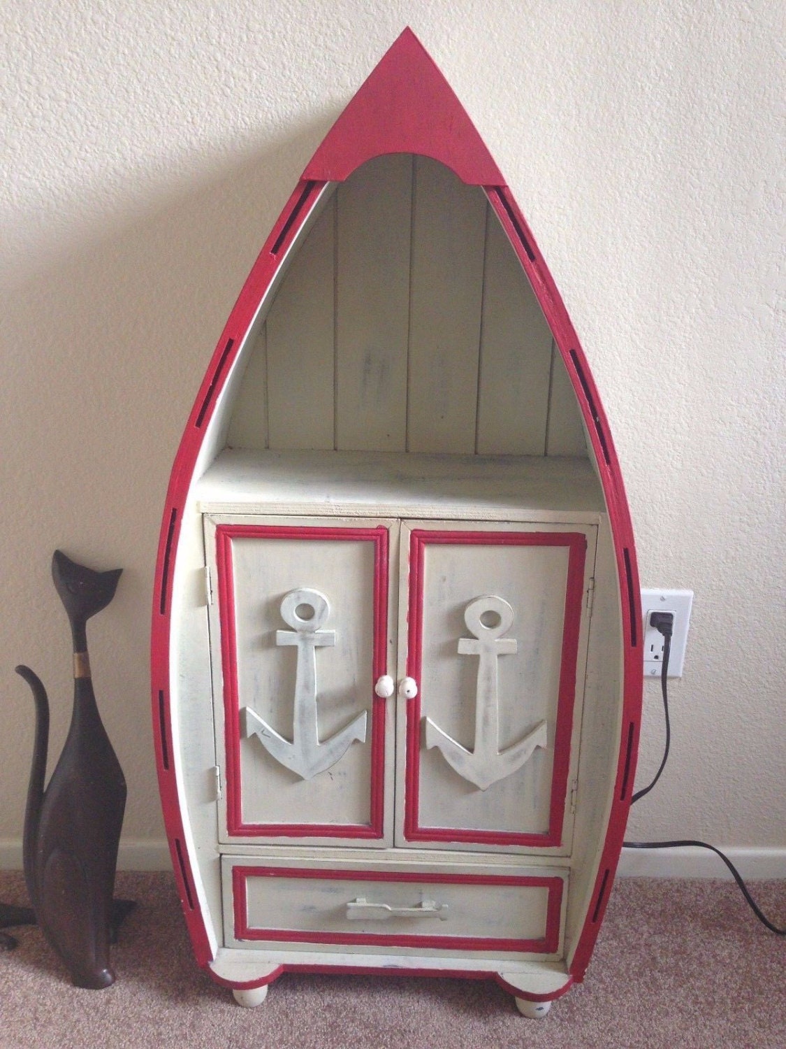 Shabby Chic Red & White Nautical Themed Small Boat Shaped