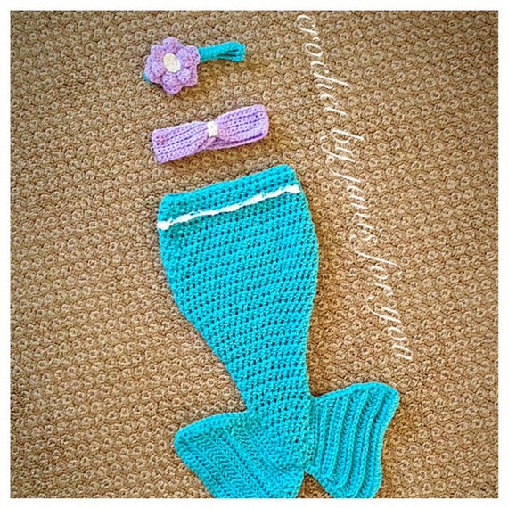 Crochet Mermaid with Flowered Headband Newborn to 3 months