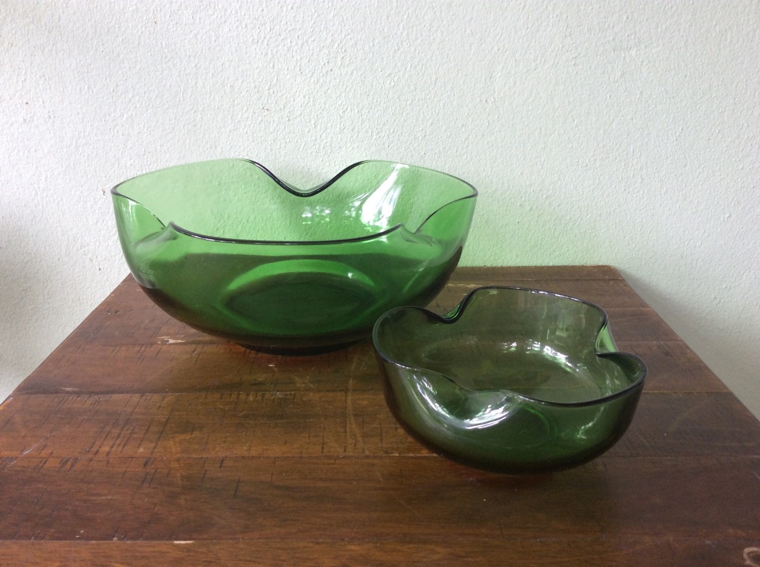 Green Glass Chip and Dip set, bright green glass wavy bowl pair