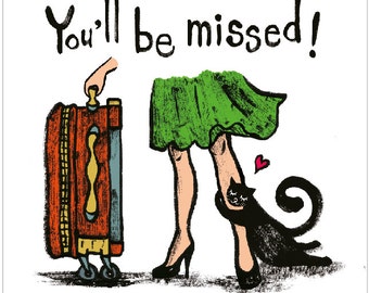 Funny Leaving Card, You'll Be Missed, Good Luck Card, New Job Card, Graduation, New Adventures Card - with Cat Illustration (Female Version)