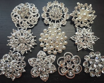 10 pcs Rhinestone Buttons Brooches Assortment Large Embellishment Set Pearl Crystal Wedding Brooch Bouquet US Seller E3YBT165