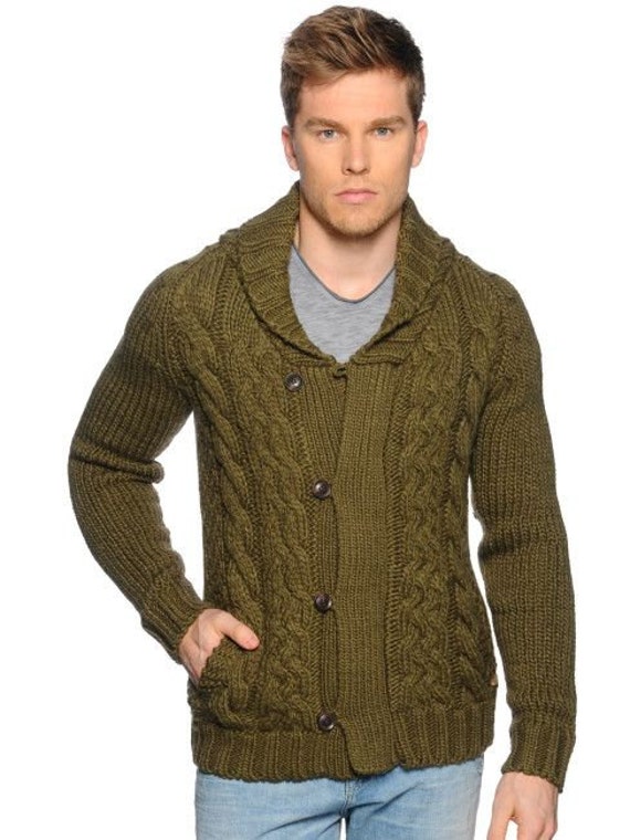 Men's hand knit aran cardigan turtleneck sweater cardigan