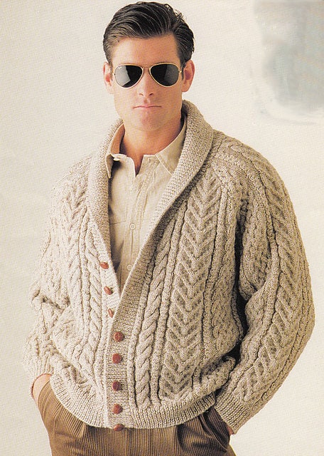 Men's hand knit aran cardigan turtleneck sweater cardigan