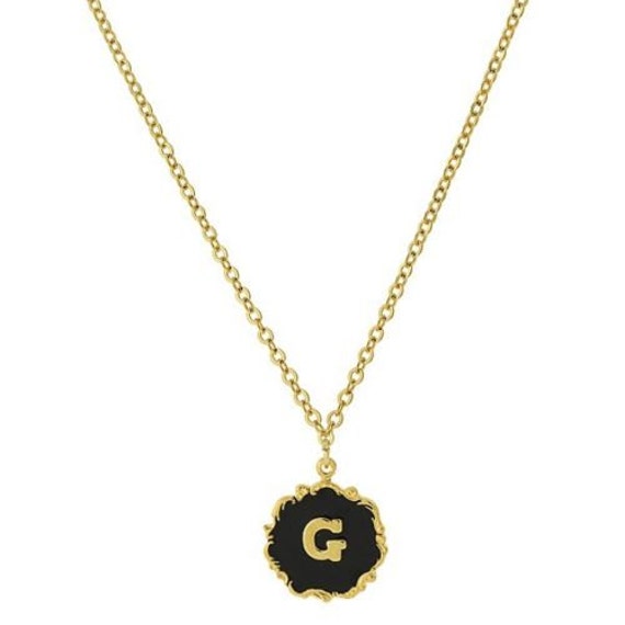 Necklace G Letter Gold Tone Edged Black Enamel Initial