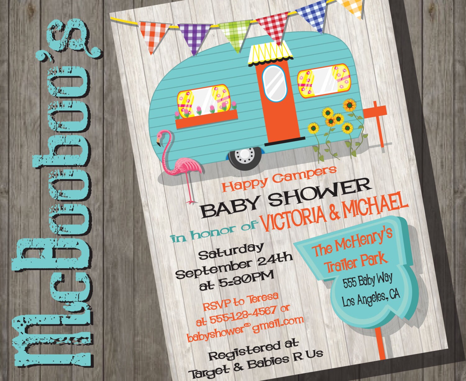 Retro Camping or Glamping Trailer Park Baby Shower Invitations