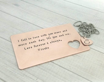 Hand Stamped Wallet Insert - Copper Wallet Card - Personalized Love Message - 7th Anniversary Wedding Gift -Seventh Anniversary Copper Gift