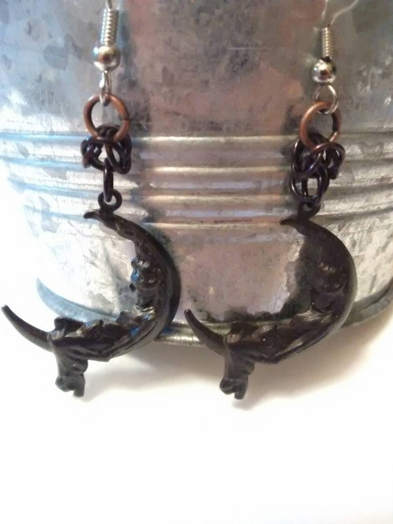 Crescent moon earrings lady in the moon bronze moon