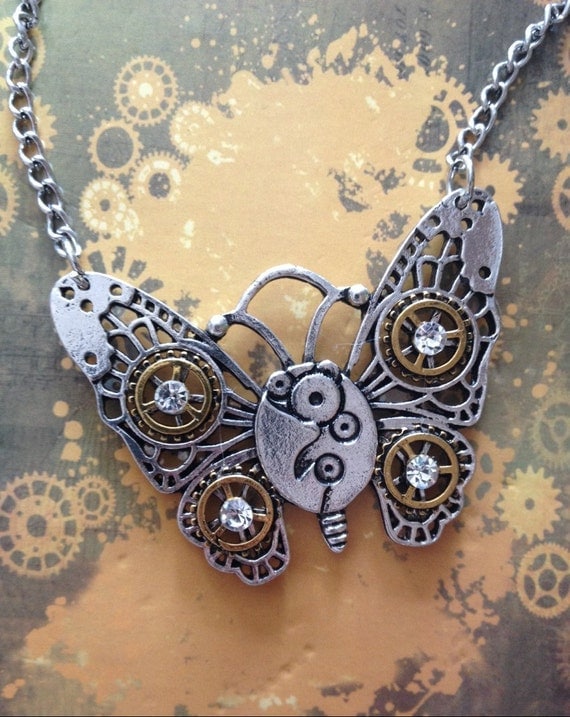 Steampunk Silver Tone Cog And Gear Butterfly Necklace. by LandAWestDesign steampunk buy now online
